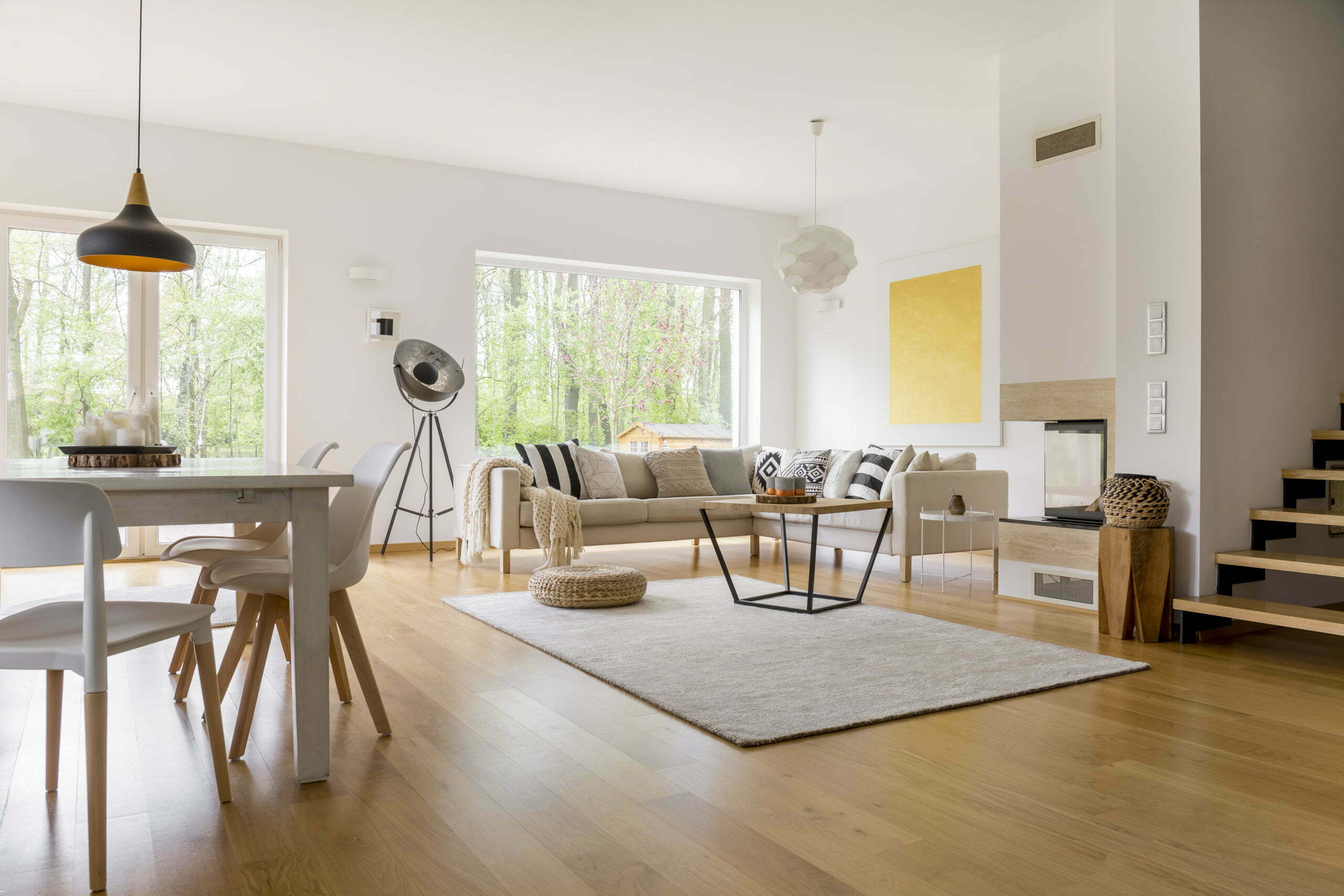 a living room with a couch and a table