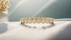 a radiant 14k lab-grown diamond tennis bracelet glimmers with sustainable elegance on a plush velvet surface.