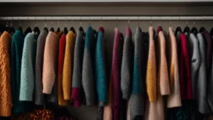 a closet filled with colorful knit tops hanging neatly in rows, showcasing a variety of patterns and styles suitable for all seasons.