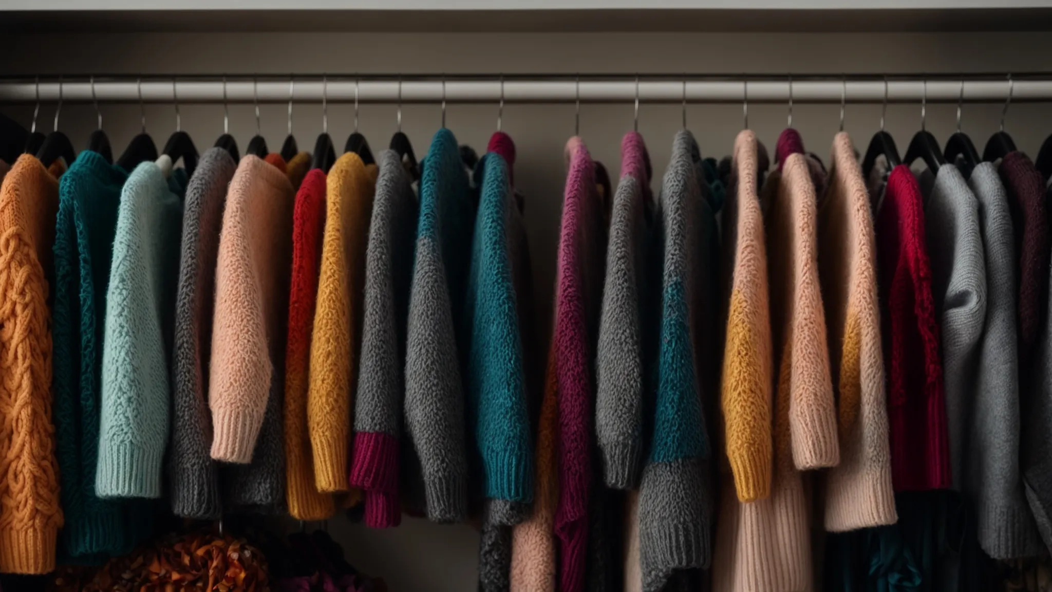 a closet filled with colorful knit tops hanging neatly in rows, showcasing a variety of patterns and styles suitable for all seasons.
