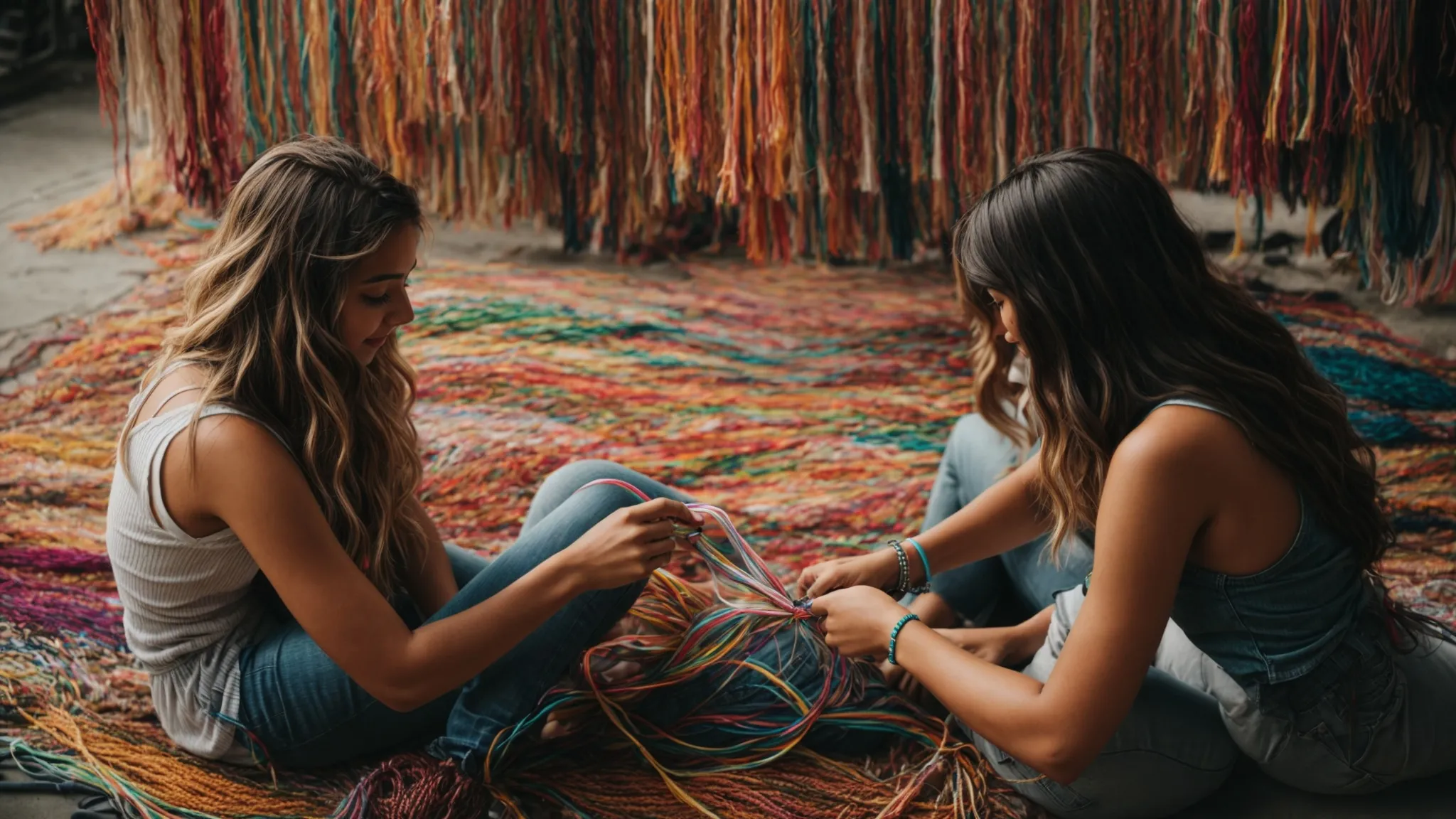 two friends sit across from each other, surrounded by vibrant threads, weaving colorful friendship bracelets.