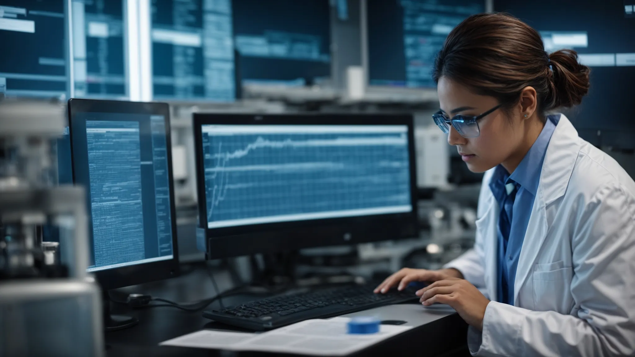 a scientist examines data on a computer screen in a modern laboratory, with a clear focus on peptide research.