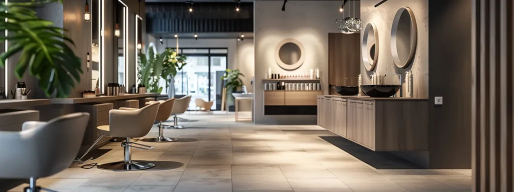 stylish hair salon interior with minimalist design and monochromatic color scheme.
