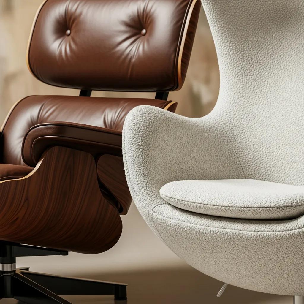 Close-up of Eames Lounge Chair and Egg Chair highlighting design details and craftsmanship