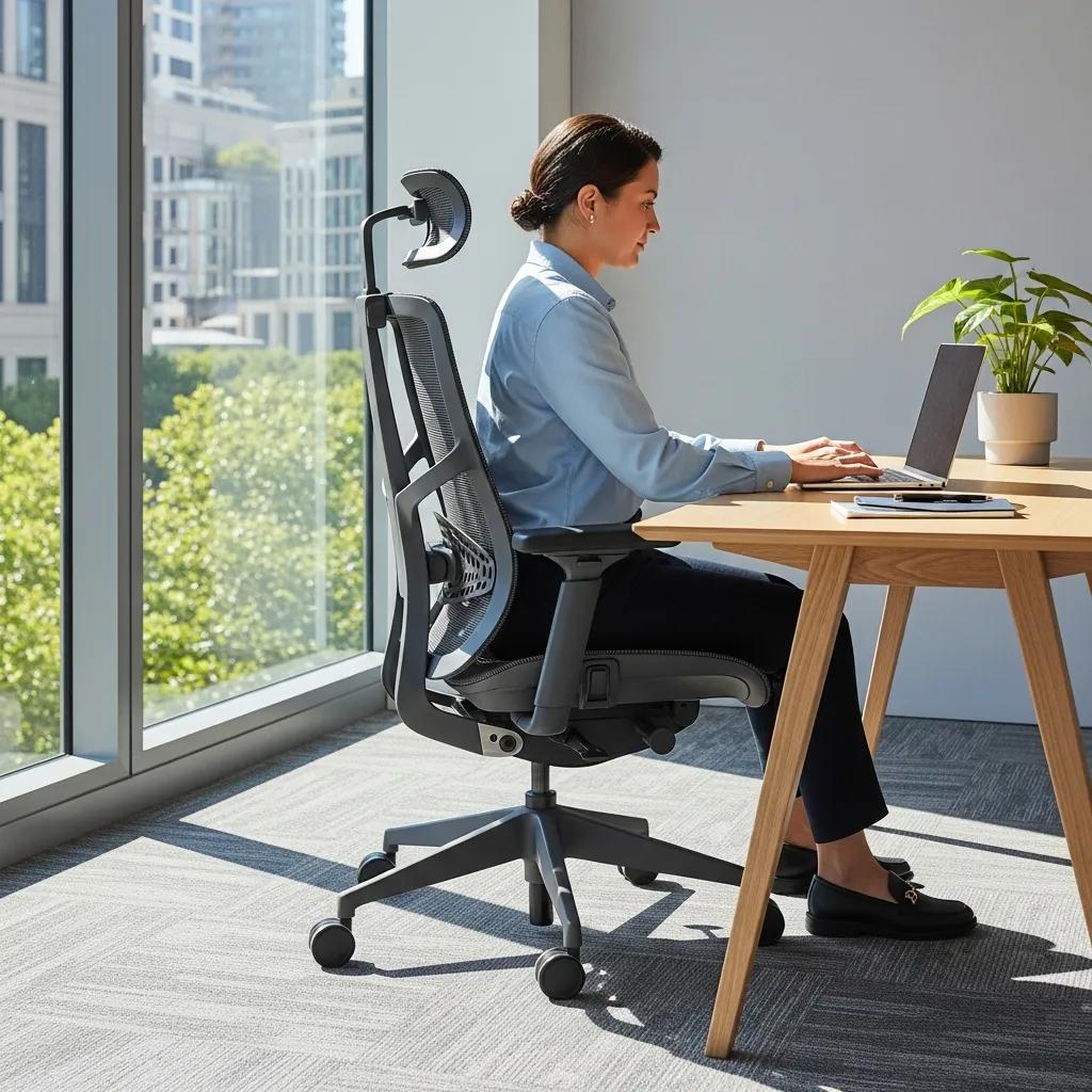 Ergonomic office chair in use, showcasing adjustable features in a modern workspace