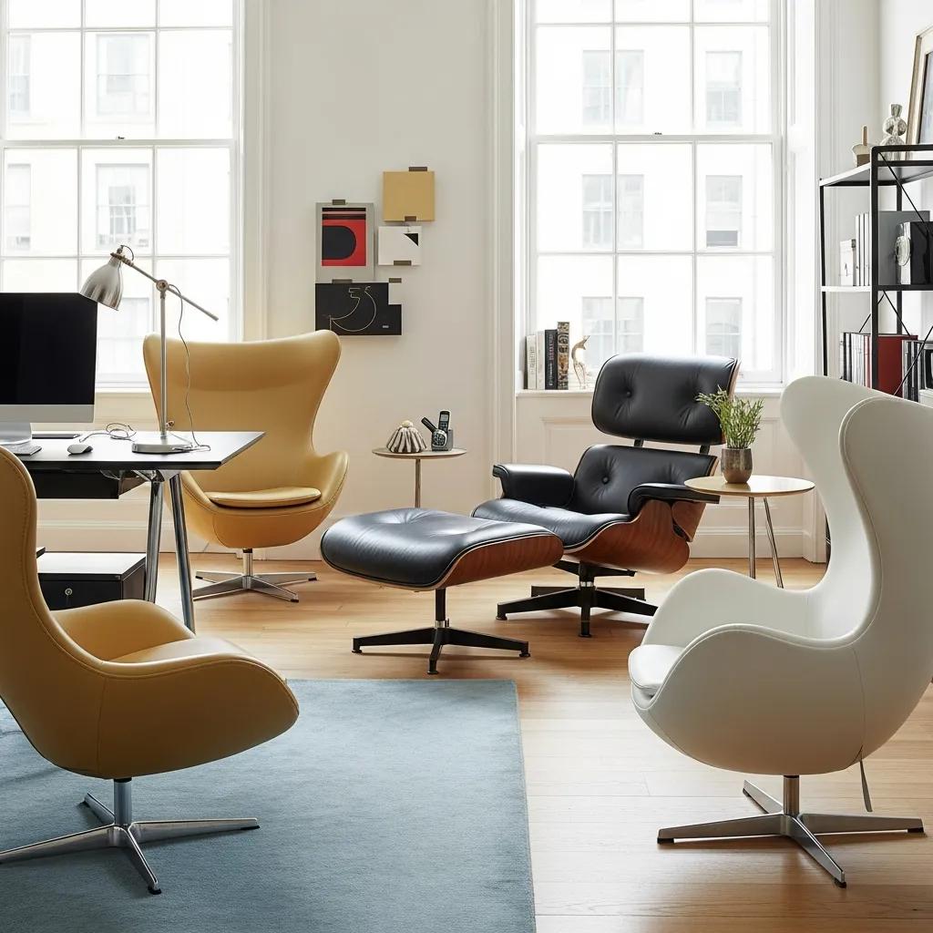 Stylish office space showcasing iconic designer chairs like Eames Lounge Chair and Egg Chair