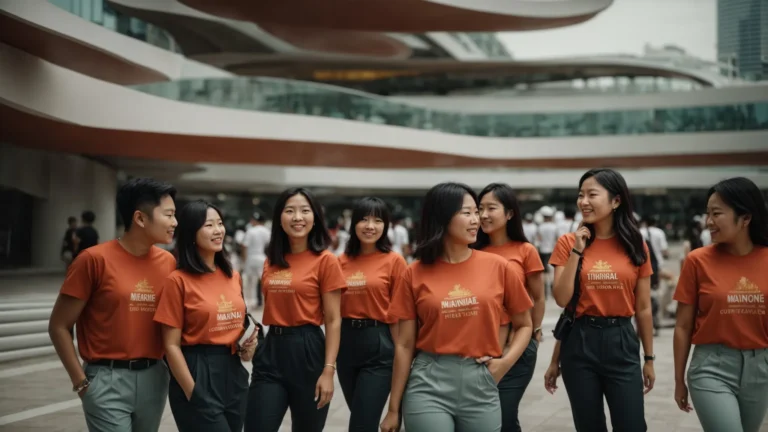 a group of employees wearing matching t-shirts enjoys a guided tour at the marina bay sands in singapore.