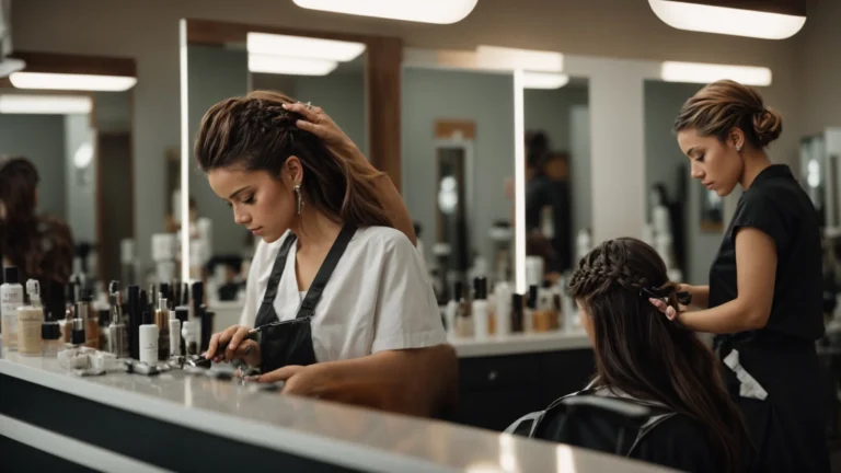 a hairstylist carefully trims the ends of a client's hair in a brightly lit salon, surrounded by mirrors and styling tools.