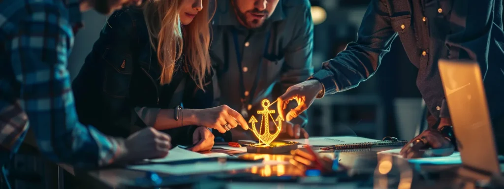 a group of business professionals gathered around a table, pointing to a model anchor symbolizing ai search platforms and discussing cost savings achieved through operational efficiency.