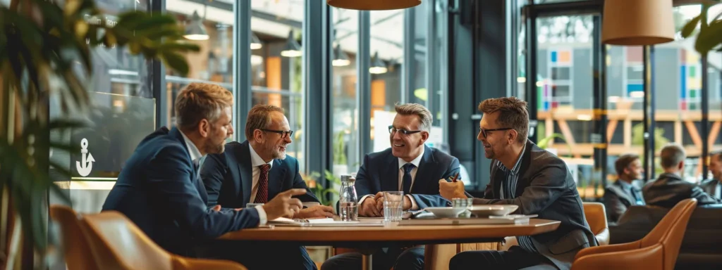 a group of business professionals in suits gathered around a table with an anchor and plumbing tools, discussing pricing transparency and warranties related to denver plumbing services.
