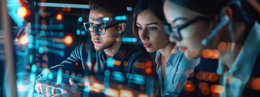 a professional business team working together using ai search platforms.