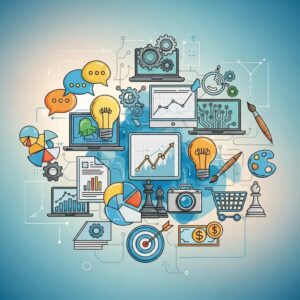 A colorful assortment of digital icons representing business and marketing themes, emphasizing visual communication