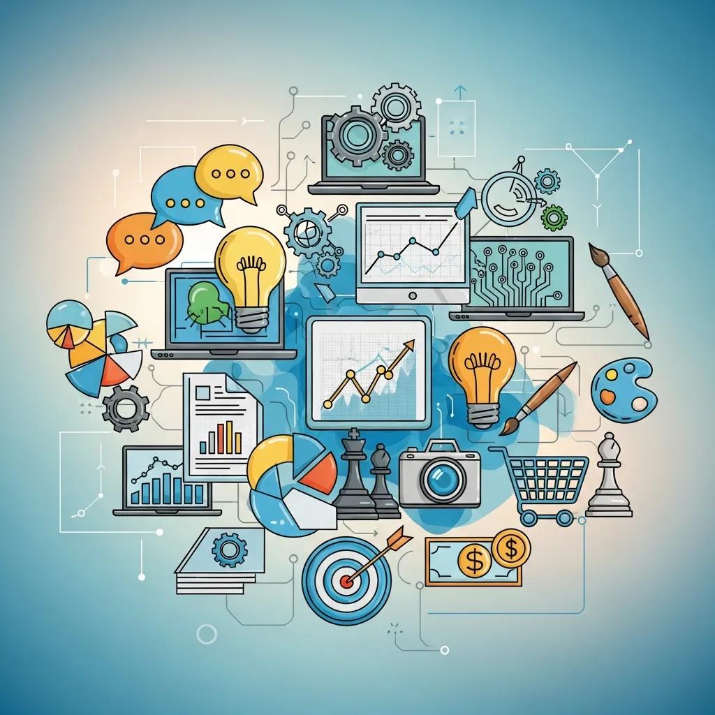 A colorful assortment of digital icons representing business and marketing themes, emphasizing visual communication