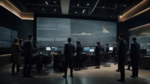a group of professionals gathered around a large screen displaying real-time analytics and charts.