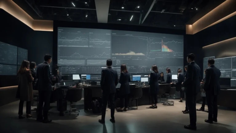a group of professionals gathered around a large screen displaying real-time analytics and charts.